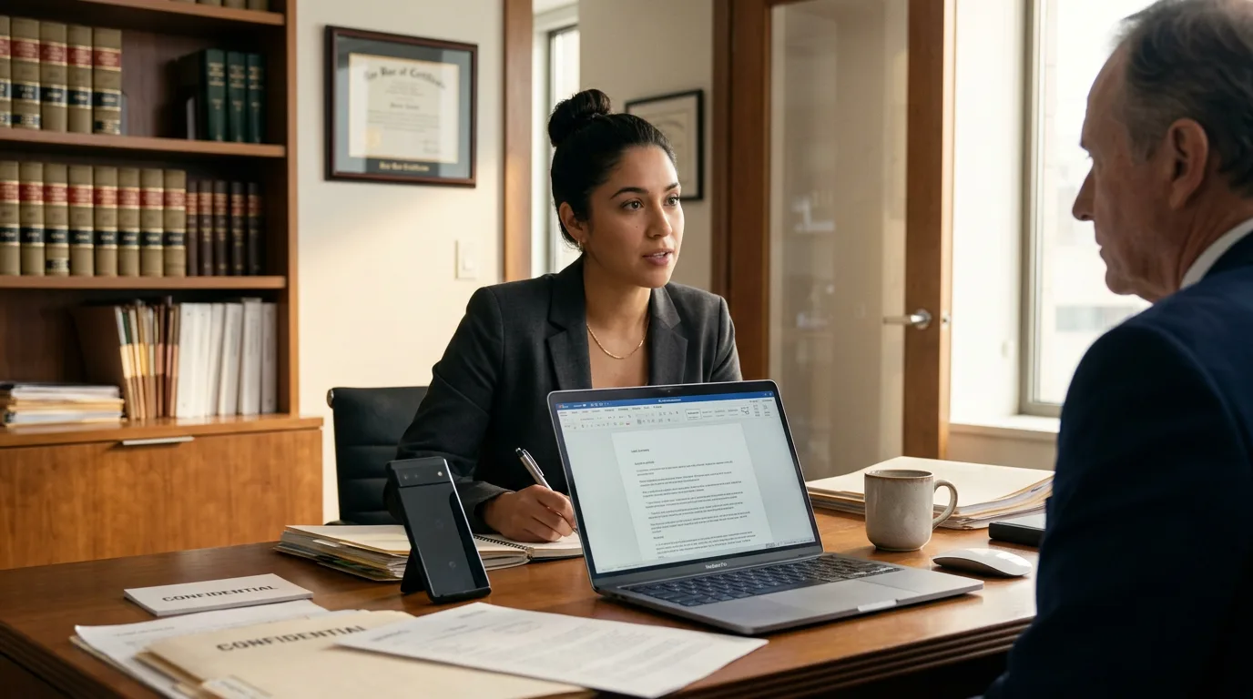A paralegal discreetly recording a client meeting on a phone next to a laptop in a law office
